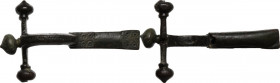 Bronze fibula in shape of a crossbow, ornamented, needle missing. 76x43 mm. Roman Period, 3rd-4th century. R. Hattatt, Ancient and Romano-British Broo...