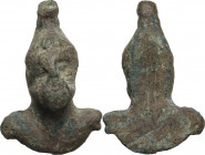 Bronze applique in the shape of Attis (?) head. Roman imperial, 2nd-3rd century AD. 40 mm. 21.83 g.