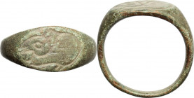 Bronze ring, the bezel decorated with engraved hare. Late Roman period, 3rd-6th century AD. 22 mm.