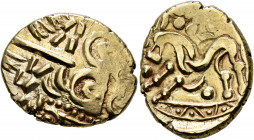 BRITAIN. Corieltauvi. Uninscribed, circa 50-30 BC. Stater (Gold, 20 mm, 6.16 g, 9 h), North East Coast (Corieltauvian B) type. Devolved laureate head ...