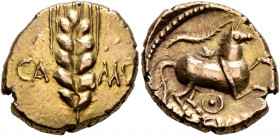 BRITAIN. Trinovantes & Catuvellauni. Cunobelin, circa 10-43. Stater (Gold, 18 mm, 5.39 g, 12 h), Camulodunum (Colchester). CA-MV Grain ear. Rev. CV[NO...