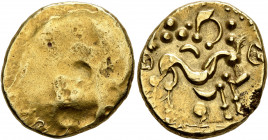 NORTHEAST GAUL. Ambiani. Circa 60-30 BC. Stater (Gold, 19 mm, 6.20 g), 'statére uniface' type. Irregular blank convex surface. Rev. Celticized horse g...