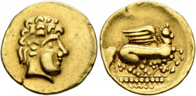 NORTHEAST GAUL. Mediomatrici. 2nd century BC. 1/4 Stater (Gold, 15 mm, 2.01 g, 6 h). Celticized head of Apollo to right. Rev. Celticized Pegasos flyin...