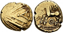 NORTHEAST GAUL. Remi. Late 2nd to mid 1st century BC. Stater (Gold, 17 mm, 6.16 g, 3 h), 'à l'oeil' type. Devolved laureate male head to right. Rev. C...