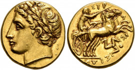 SICILY. Syracuse. Agathokles, 317-289 BC. 50 Litrai or Dekadrachm (Gold, 15 mm, 4.23 g, 4 h), circa 317-310. Laureate head of Apollo to left. Rev. ΣYP...