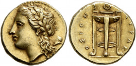 SICILY. Syracuse. Agathokles, 317-289 BC. 50 Litrai or Hemistater (Electrum, 15 mm, 3.60 g, 6 h), circa 310-306/5. Laureate head of Apollo to left; be...