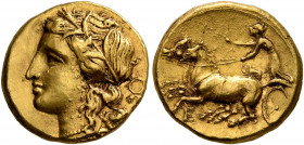 SICILY. Syracuse. Hieron II, 275-215 BC. 60 Litrai or Dekadrachm (Gold, 15 mm, 4.27 g, 1 h), circa 269-263 or 218/7-215. Head of Persephone to left, w...