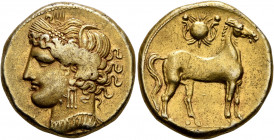 CARTHAGE. First Punic War. Circa 264-241 BC. 1 1/2 Shekels – Tridrachm (Electrum, 23 mm, 10.73 g, 12 h), reduced standard. Head of Tanit to left, wear...