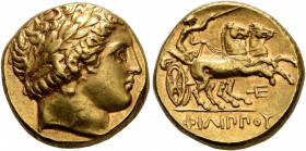 KINGS OF MACEDON. Philip II, 359-336 BC. Stater (Gold, 17 mm, 8.59 g, 6 h), Pella, circa 340/36-328. Laureate head of Apollo to right. Rev. ΦΙΛΙΠΠOY C...