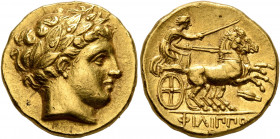 KINGS OF MACEDON. Philip II, 359-336 BC. Stater (Gold, 18 mm, 8.59 g, 3 h), Amphipolis, circa 340/36-328. Laureate head of Apollo to right. Rev. ΦΙΛΙΠ...