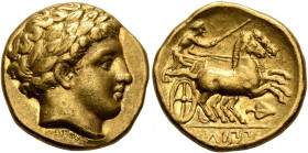 KINGS OF MACEDON. Philip II, 359-336 BC. Stater (Gold, 18 mm, 8.59 g, 10 h), Amphipolis, circa 340/36-328. Laureate head of Apollo to right. Rev. ΦΙΛΙ...