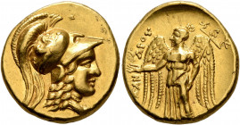 KINGS OF MACEDON. Alexander III ‘the Great’, 336-323 BC. Stater (Gold, 18 mm, 8.57 g, 11 h), Tyre, struck under Menes, circa 330-327. Head of Athena t...