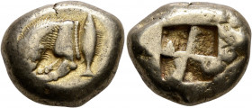 MYSIA. Kyzikos. Circa 550-450 BC. Stater (Electrum, 19 mm, 16.00 g). Forepart of a lion to left, devouring prey; to right, tunny upward. Rev. Quadripa...