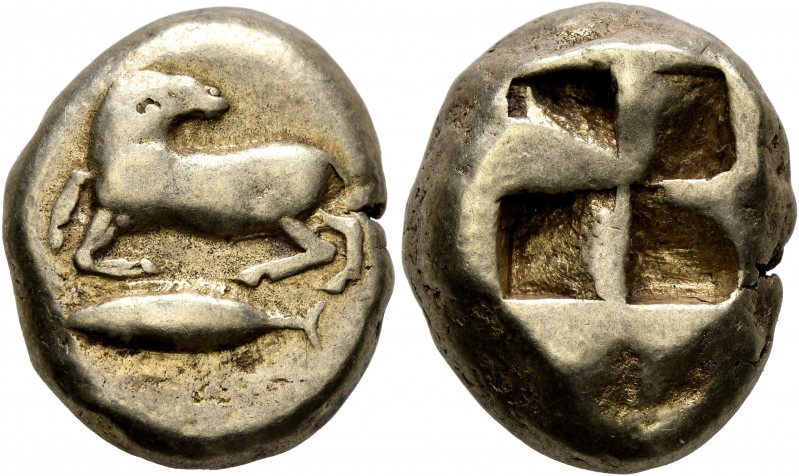 MYSIA. Kyzikos. Circa 550-450 BC. Stater (Electrum, 20 mm, 15.99 g). Ram kneelin...