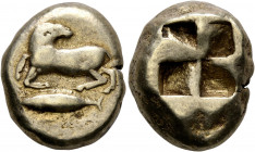 MYSIA. Kyzikos. Circa 550-450 BC. Stater (Electrum, 20 mm, 15.99 g). Ram kneeling left, head to right; below, tunny to left. Rev. Quadripartite incuse...