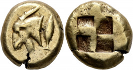 MYSIA. Kyzikos. Circa 550-500 BC. Stater (Electrum, 20 mm, 16.08 g). Head of a he-goat with long beard to left; to right, tunny upward. Rev. Quadripar...