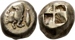MYSIA. Kyzikos. Circa 550-450 BC. Stater (Electrum, 17 mm, 16.06 g). Forepart of a winged bull to left; to right, tunny diagonally downward. Rev. Quad...