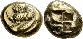 MYSIA. Kyzikos. Circa 550-450 BC. Stater (Electrum, 20 mm, 16.06 g). Forepart of a sphinx to left; to right, tunny diagonally downward. Rev. Quadripar...
