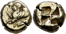 MYSIA. Kyzikos. Circa 550-450 BC. Stater (Electrum, 19 mm, 16.00 g). Forepart of a sphinx to left; to right, tunny diagonally downward. Rev. Quadripar...