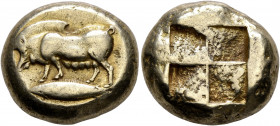 MYSIA. Kyzikos. Circa 500-450 BC. Stater (Electrum, 19 mm, 16.23 g). Female boar standing left on tunny. Rev. Quadripartite incuse square. BMFA -. SNG...