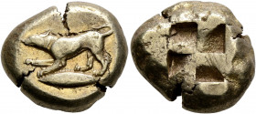 MYSIA. Kyzikos. Circa 500-450 BC. Stater (Electrum, 20 mm, 16.06 g). Dog crouching to left on tunny left. Rev. Quadripartite incuse square. BMFA 1469....