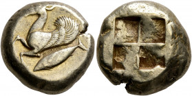 MYSIA. Kyzikos. Circa 500-450 BC. Stater (Electrum, 19 mm, 16.12 g). Forepart of a winged stag to left; to right, tunny diagonally downward. Rev. Quad...