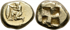 MYSIA. Kyzikos. Circa 500-450 BC. Stater (Electrum, 19 mm, 16.17 g). Nude male kneeling left, holding a tunny fish by the tail in his extended right h...