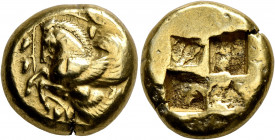 MYSIA. Lampsakos. Circa 500-450 BC. Stater (Electrum, 19 mm, 15.27 g). Forepart of Pegasos to left, surrounded by a grapevine. Rev. Quadripartite incu...
