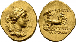 IONIA. Magnesia ad Maeandrum. Circa 130-120 BC. Stater (Gold, 21 mm, 8.41 g, 12 h), Euphemos, son of Pausanias. Draped bust of Artemis to right, weari...