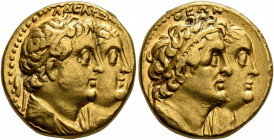 PTOLEMAIC KINGS OF EGYPT. Ptolemy II Philadelphos, with Arsinöe II, Ptolemy I, and Berenike I, 285-246 BC. Half Mnaieion or Tetradrachm (Gold, 19 mm, ...