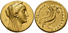 PTOLEMAIC KINGS OF EGYPT. Arsinoe II, wife of Ptolemy II, died 270 BC. Mnaieion or Oktadrachm (Gold, 27 mm, 27.86 g, 11 h), Alexandria. Struck under P...