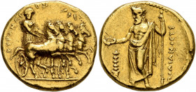 KYRENAICA. Kyrene. Ophellas, Ptolemaic Governor, first reign, circa 322-313 BC. Stater (Gold, 18 mm, 8.66 g, 12 h). KYPENAIΩN Female (?) charioteer, w...