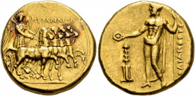 KYRENAICA. Kyrene. Ophellas, Ptolemaic Governor, first reign, circa 322-313 BC. Stater (Gold, 18 mm, 8.58 g, 5 h), Polianthes, magistrate. KYPENAIΩN N...