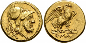 Anonymous, after 211 BC. 60 Asses (Gold, 14 mm, 3.36 g, 9 h), Rome. Bearded head of Mars to right, wearing crested Corinthian helmet; behind, mark of ...