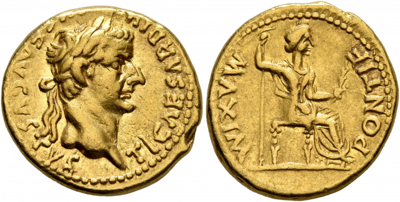 Tiberius, 14-37. Aureus (Gold, 19 mm, 7.76 g, 7 h), Lugdunum. TI CAESAR DIVI AVG...