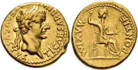 Tiberius, 14-37. Aureus (Gold, 19 mm, 7.76 g, 7 h), Lugdunum. TI CAESAR DIVI AVG F AVGVSTVS Laureate head of Tiberius to right. Rev. PONTIF MAXIM Livi...