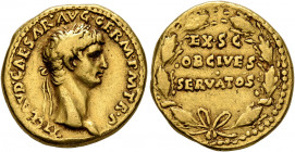 Claudius, 41-54. Aureus (Gold, 18 mm, 7.75 g, 5 h), Lugdunum, 41-42. TI CLAVD CAESAR•AVG•GERM•P M TR P Head of Claudius to right, wearing oak wreath. ...