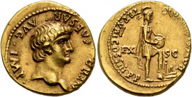 Nero, 54-68. Aureus (Gold, 19 mm, 7.65 g, 7 h), Lugdunum, 61-62. NERO•CAESAR•AVG•IMP• Bare head of Nero to right. Rev. PONTIF•MAX TR P•VIII•COS•IIII P...