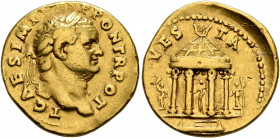 Titus, as Caesar, 69-79. Aureus (Gold, 20 mm, 7.16 g, 7 h), Rome, 73. T CAES IMP VESP PON TR POT Laureate head of Titus to right. Rev. VESTA Front vie...