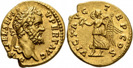 Septimius Severus, 193-211. Aureus (Gold, 20 mm, 7.44 g, 7 h), Rome, 193. IMP•CAE•L•SEP•SEV•PERT•AVG Laureate head of Septimius Severus to right. Rev....