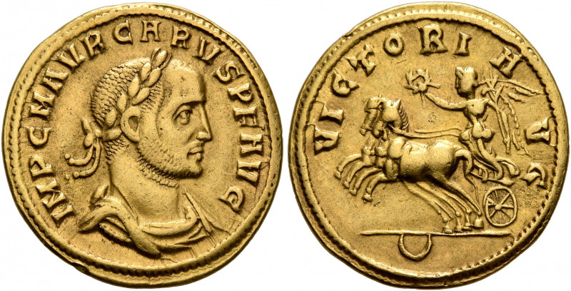 Carus, 282-283. Aureus (Gold, 20 mm, 4.53 g, 6 h), Cyzicus, early 283. IMP C M A...