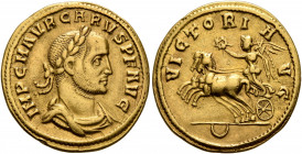 Carus, 282-283. Aureus (Gold, 20 mm, 4.53 g, 6 h), Cyzicus, early 283. IMP C M AVR CARVS P F AVG Laureate, draped and cuirassed bust of Carus to right...