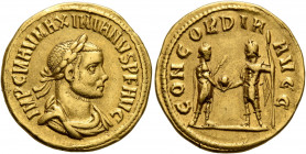 Maximianus, first reign, 286-305. Aureus (Gold, 20 mm, 5.34 g, 1 h), Cyzicus, circa 286-287. IMP C M AV MAXIMIANVS P F AVG Laureate, draped and cuiras...