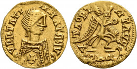 VISIGOTHS, Spain. Leovigild, 568-586. Tremissis (Gold, 16 mm, 1.31 g, 6 h), Cordoba (?). VRRTATI [...]IΛTRRVG Stylized diademed and draped bust to rig...