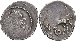 NORTHEAST GAUL. Remi. Circa 50-30 BC. Quinarius (Silver, 19 mm, 2.08 g, 5 h). Helmeted head to left. Rev. [CALE]DV Horse springing left; below, coiled...