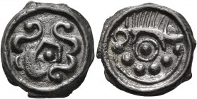 NORTHEAST GAUL. Suessiones. Circa 50-30 BC. Cast unit (Potin, 19 mm, 3.36 g, 7 h), 'au sanglier' type. Stylized male head to right, with eye in center...