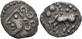 NORTHEAST GAUL. Treveri. Early to mid 1st century BC. Quinarius (Billon, 14 mm, 1.78 g, 11 h), 'Winkelnase' type. Male head with curly hair to left. R...