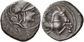 SOUTHERN GAUL. Allobroges. Circa 100-75 BC. Drachm (Silver, 14 mm, 2.36 g, 3 h), 'à l'hippocampe' type. Helmeted head of Mars to right. Rev. Hippocamp...