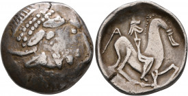 CARPATHIAN REGION. Uncertain tribe. Circa 2nd century BC. Tetradrachm (Silver, 25 mm, 13.45 g, 4 h), 'Kinnlos' type. Celticized laureate head of Zeus ...