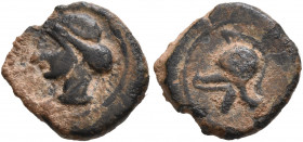 SPAIN. Punic Spain. Circa 237-209 BC. 1/4 Unit (Bronze, 13 mm, 1.49 g, 7 h), uncertain mint. Wreathed head of Tanit left. Rev. Crested helmet left. AC...